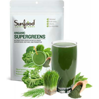 Sunfood Superfoods Super Greens Powder Organic Green Juice Smoothie Mix w Digestive Enzymes Probiotic for Gut Health Good Source of Liquid Chlorophyll Spirulina Chlorella 8 oz 22 Servings